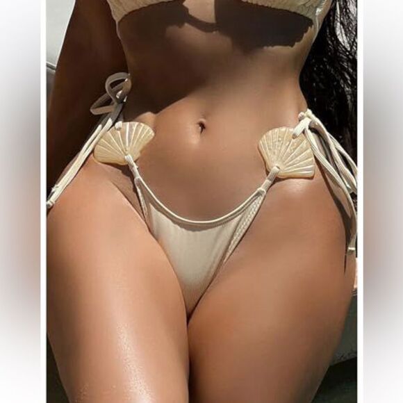 RoseSeek 2 Piece Bikini shell accents, High Cut Halter Triangle String Boho NWOT - Picture 6 of 6